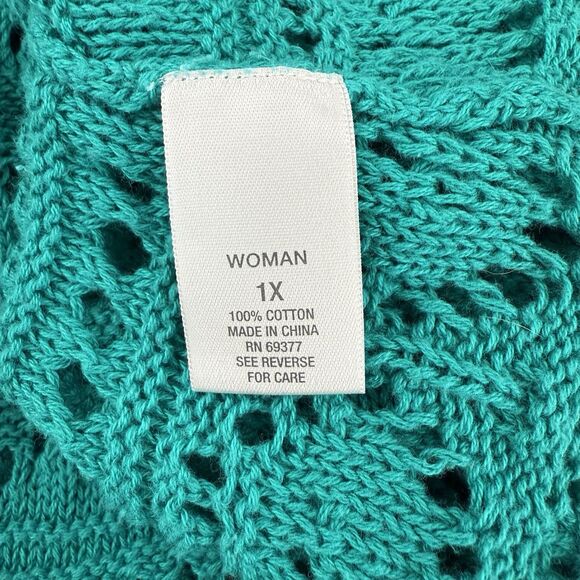 Dressbarn 1X Crochet Knit Teal Top 100%‎ Cotton 3/4 Sleeve Pullover Lightweight - Picture 6 of 9
